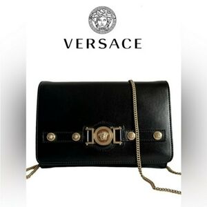 Versace La Medusa Icon Black Leather Clutch Chain Bag